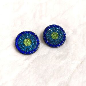 Vintage Sparkly Blue & Green Rhinestone Button Pierced Earrings
